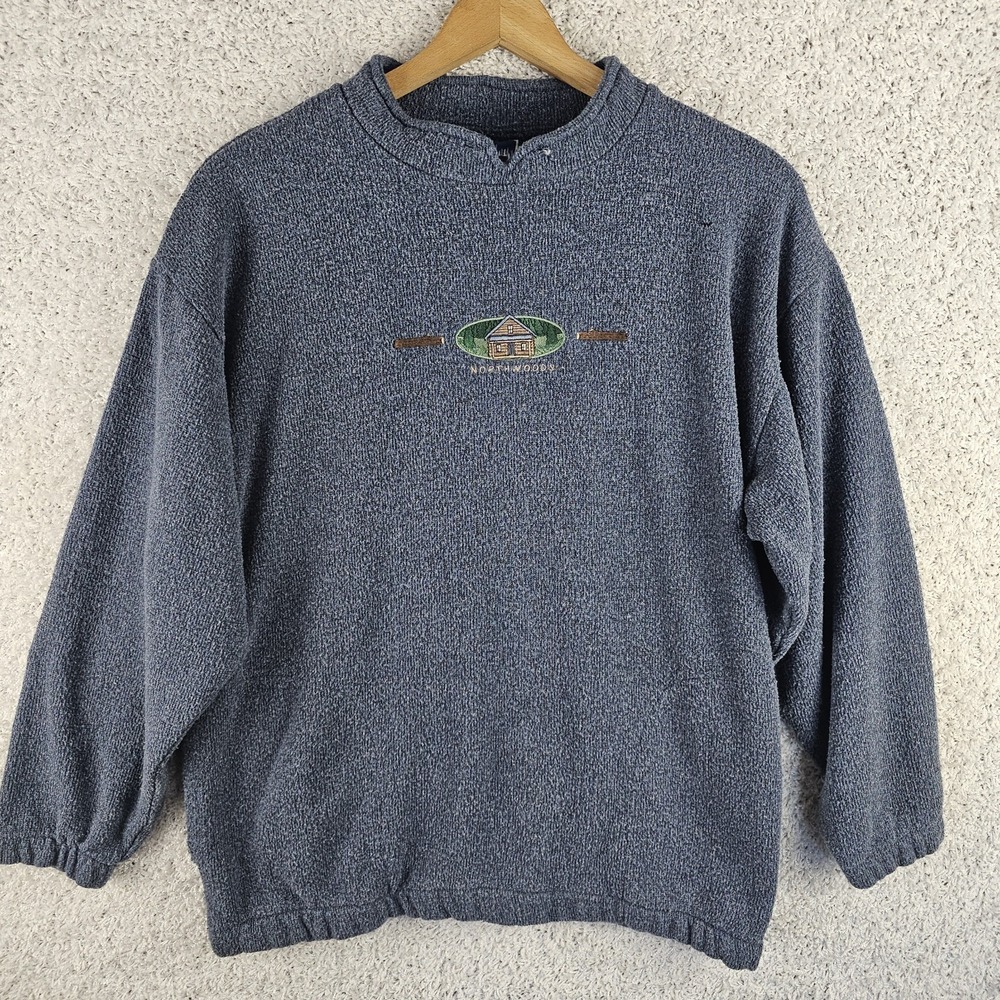 Vintage Art Unlimited Embroidered Northwoods Cabin‎ Sweatshirt Sz L USA Pockets